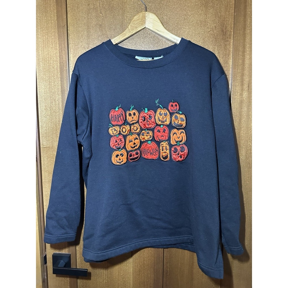 Basic Editions Plus Womens 1X Halloween‎ Pumpkin Embroidered Sweatshirt Black